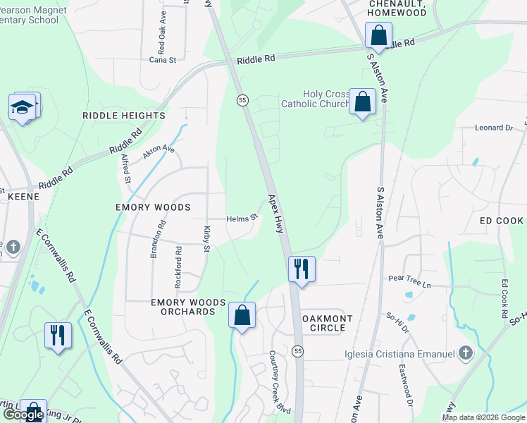 map of restaurants, bars, coffee shops, grocery stores, and more near 2561 Apex Highway in Durham