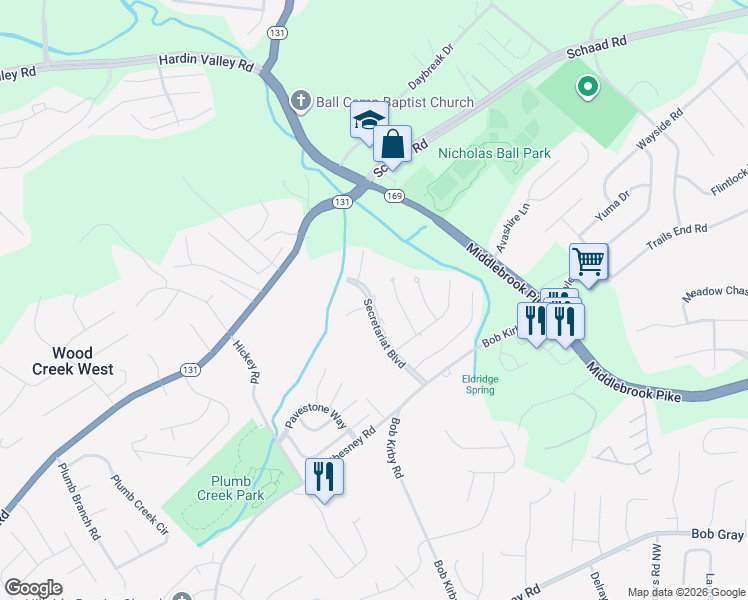 map of restaurants, bars, coffee shops, grocery stores, and more near 1530 Secretariat Boulevard in Knoxville