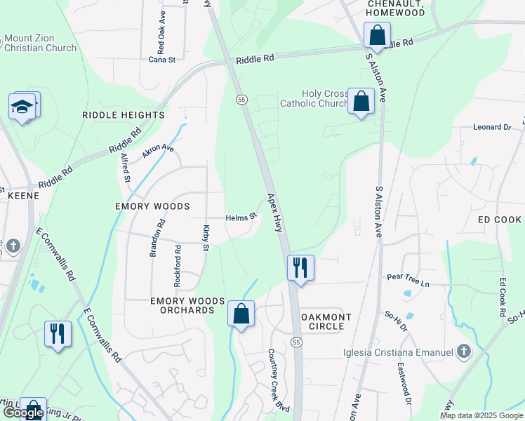 map of restaurants, bars, coffee shops, grocery stores, and more near 1222 Helms Street in Durham