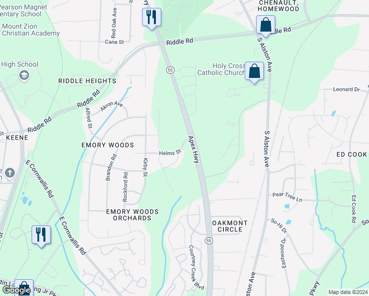 map of restaurants, bars, coffee shops, grocery stores, and more near 1222 Helms Street in Durham