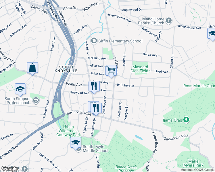 map of restaurants, bars, coffee shops, grocery stores, and more near 1813 Minnis Avenue in Knoxville