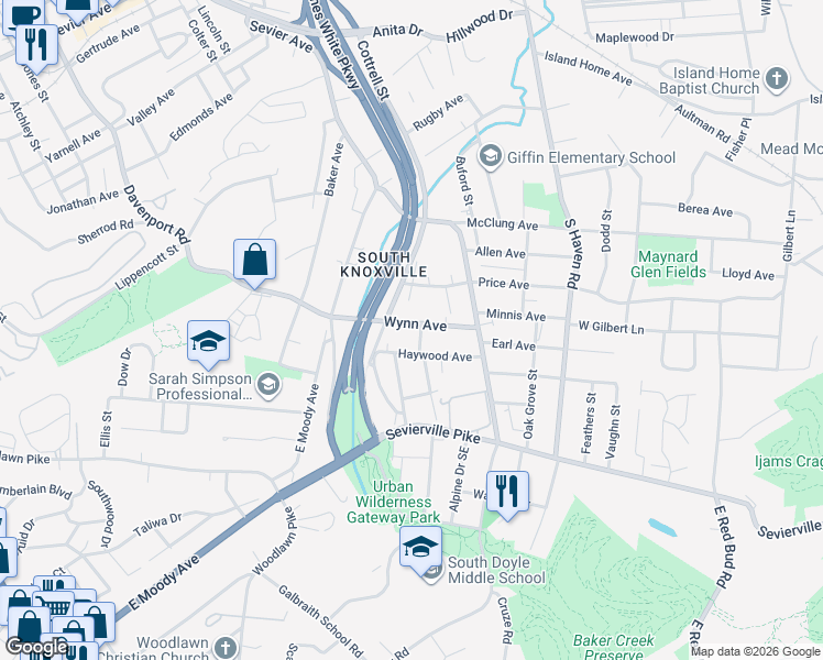 map of restaurants, bars, coffee shops, grocery stores, and more near 149 Wynn Avenue in Knoxville