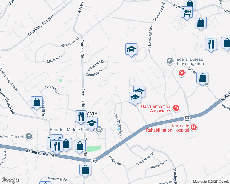 map of restaurants, bars, coffee shops, grocery stores, and more near 1225 Vista Ridge Way in Knoxville