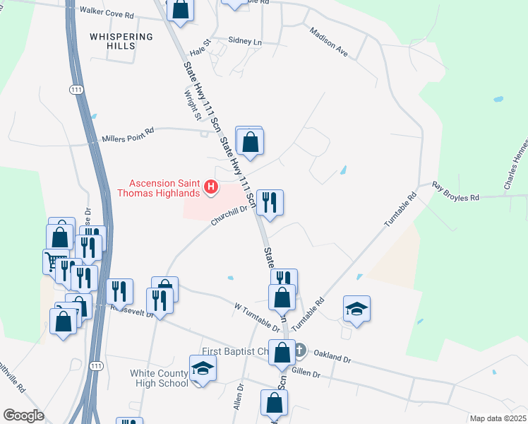 map of restaurants, bars, coffee shops, grocery stores, and more near 420 North Spring Street in Sparta