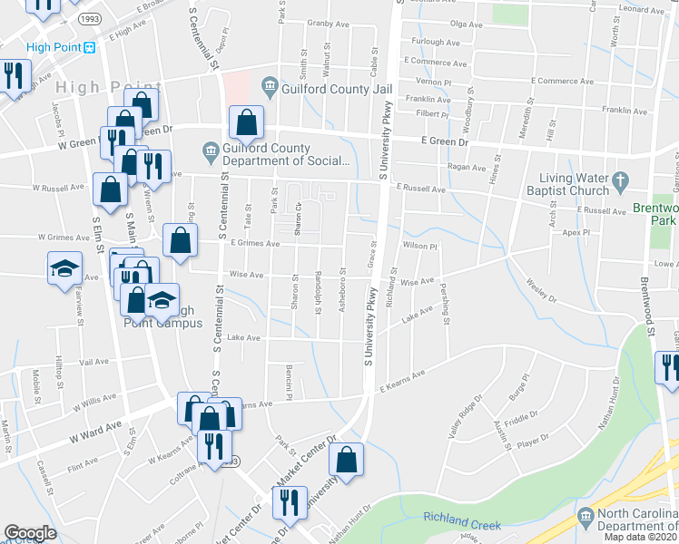 map of restaurants, bars, coffee shops, grocery stores, and more near 711 Wise Avenue in High Point