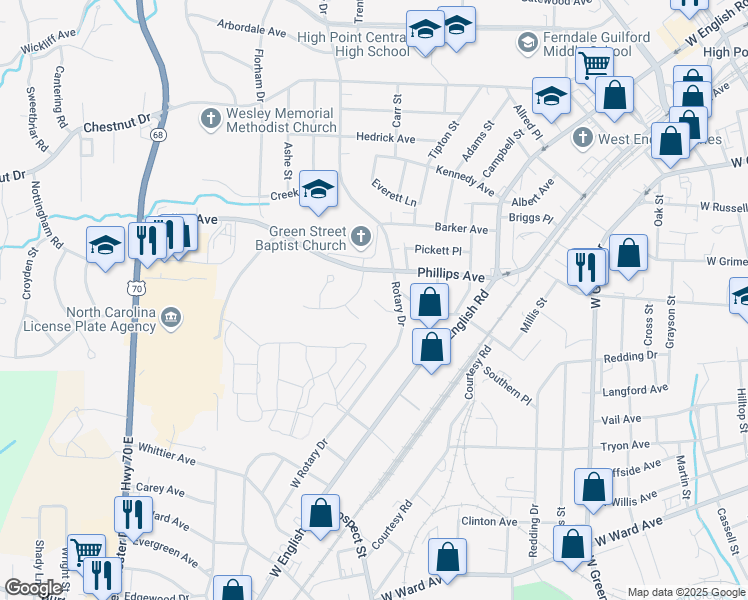 map of restaurants, bars, coffee shops, grocery stores, and more near 420 North Rotary Drive in High Point