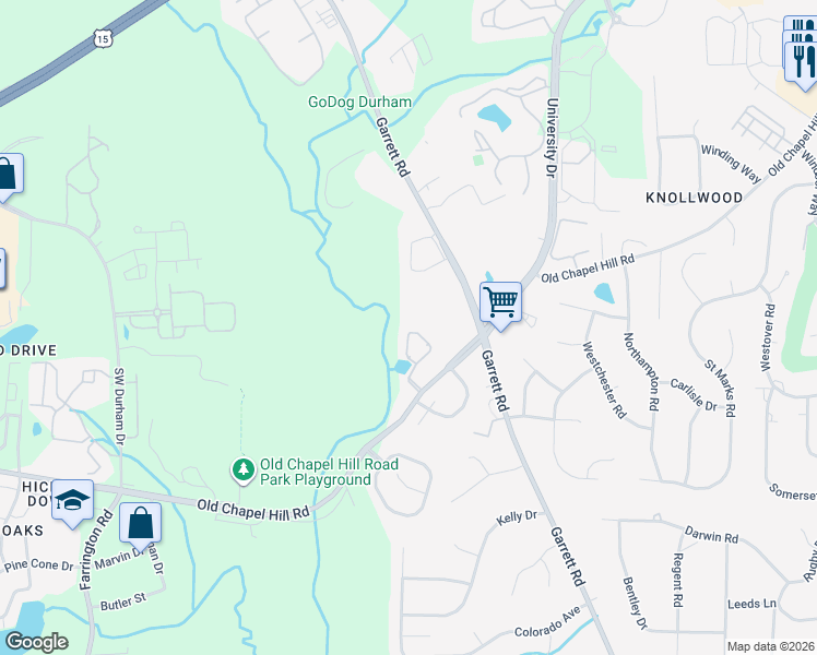 map of restaurants, bars, coffee shops, grocery stores, and more near 82 Grapevine Trail in Durham