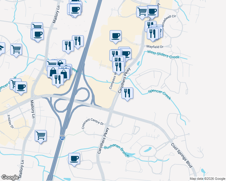 map of restaurants, bars, coffee shops, grocery stores, and more near 800 Corporate Centre Drive in Franklin