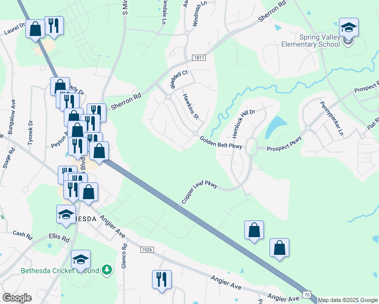 map of restaurants, bars, coffee shops, grocery stores, and more near 1991 Pattersons Mill Road in Durham