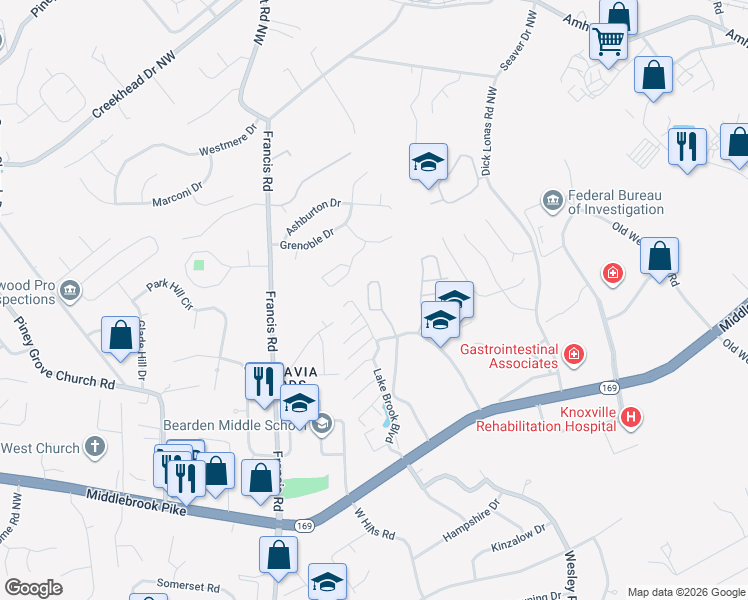 map of restaurants, bars, coffee shops, grocery stores, and more near 1225 Vista Ridge Way in Knoxville