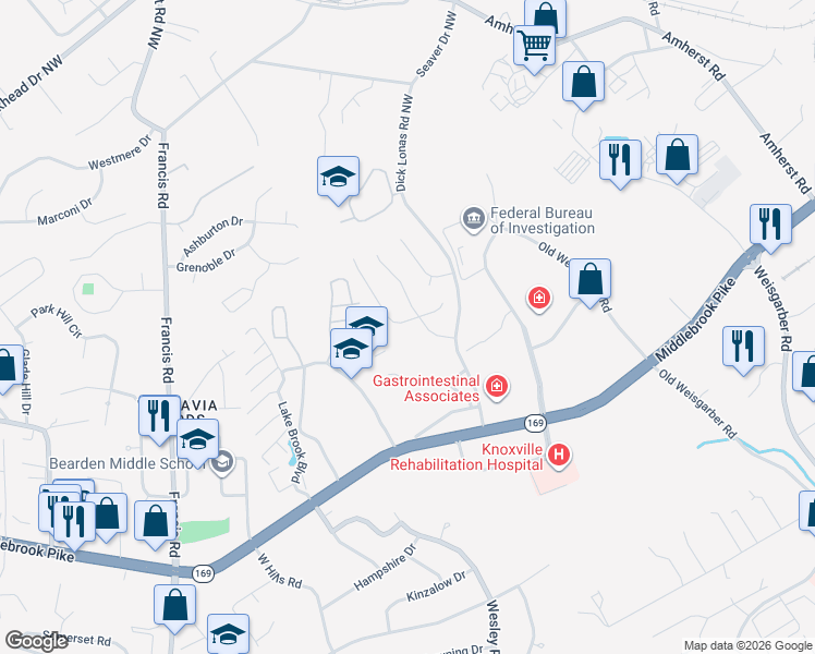 map of restaurants, bars, coffee shops, grocery stores, and more near 6918 Pemmbrooke Shire Lane in Knoxville