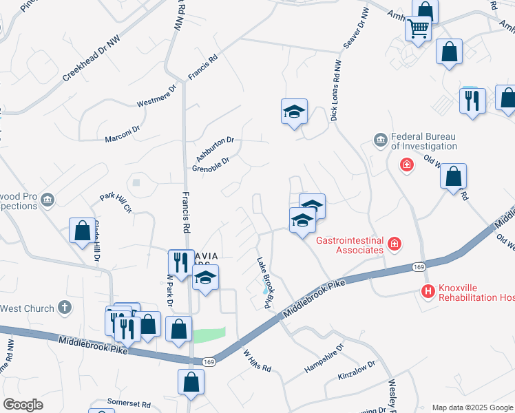 map of restaurants, bars, coffee shops, grocery stores, and more near 1221 Vista Ridge Way in Knoxville