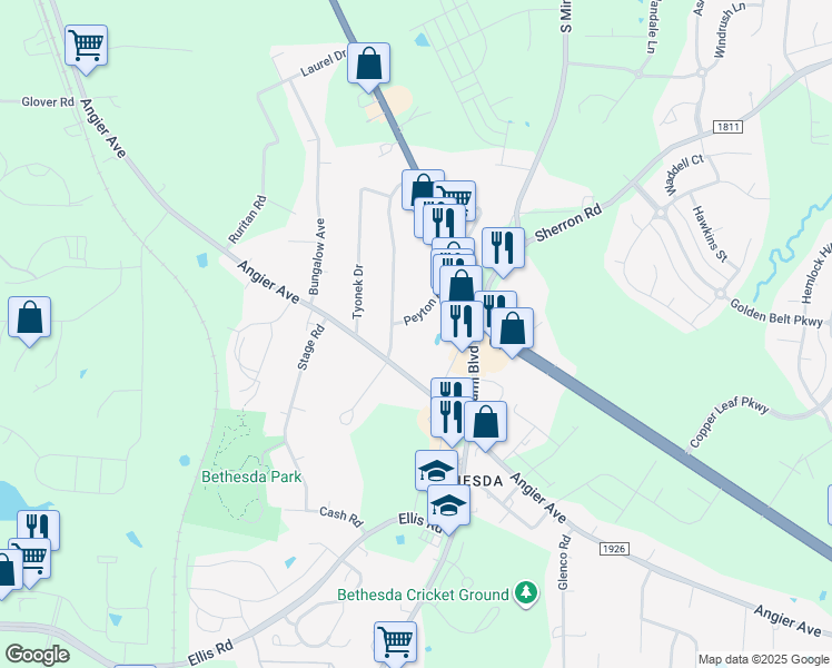 map of restaurants, bars, coffee shops, grocery stores, and more near 727B Peyton Avenue in Durham