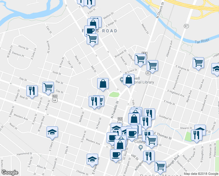 map of restaurants, bars, coffee shops, grocery stores, and more near 409 Mill Street in Rocky Mount