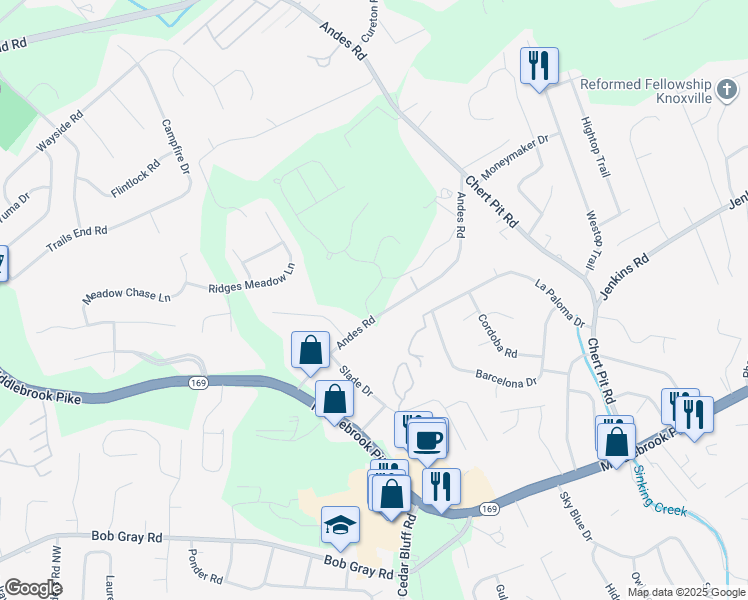 map of restaurants, bars, coffee shops, grocery stores, and more near 1403 Andes Road in Knoxville