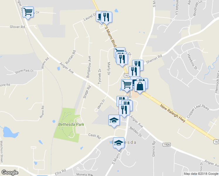 map of restaurants, bars, coffee shops, grocery stores, and more near 731 Peyton Avenue in Durham
