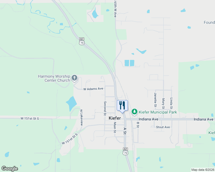 map of restaurants, bars, coffee shops, grocery stores, and more near 121 West Edwards Avenue in Kiefer