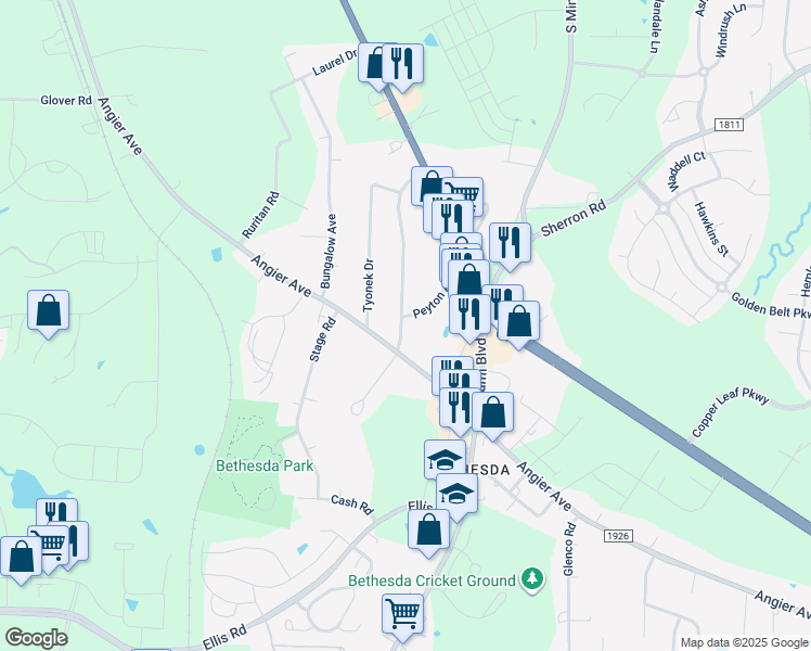 map of restaurants, bars, coffee shops, grocery stores, and more near 731 Peyton Avenue in Durham