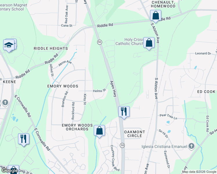 map of restaurants, bars, coffee shops, grocery stores, and more near 2561 Apex Highway in Durham