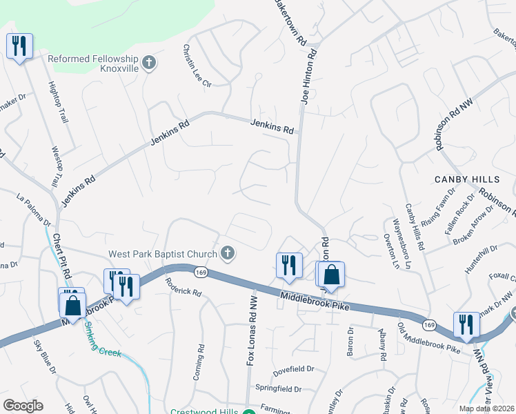 map of restaurants, bars, coffee shops, grocery stores, and more near 7632 Misty View Lane in Knoxville