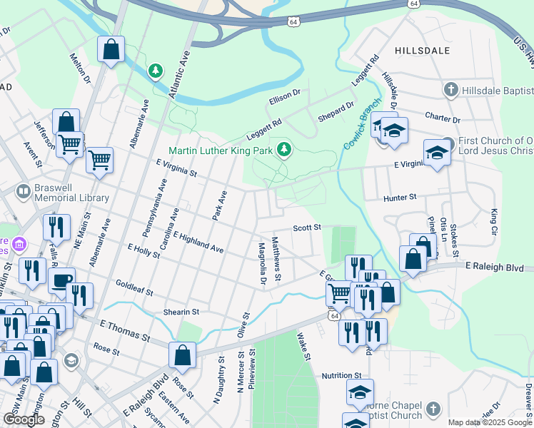 map of restaurants, bars, coffee shops, grocery stores, and more near Kalford Street in Rocky Mount