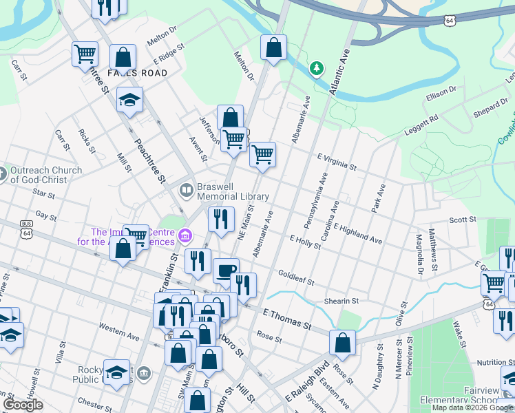 map of restaurants, bars, coffee shops, grocery stores, and more near 500 Albemarle Avenue in Rocky Mount