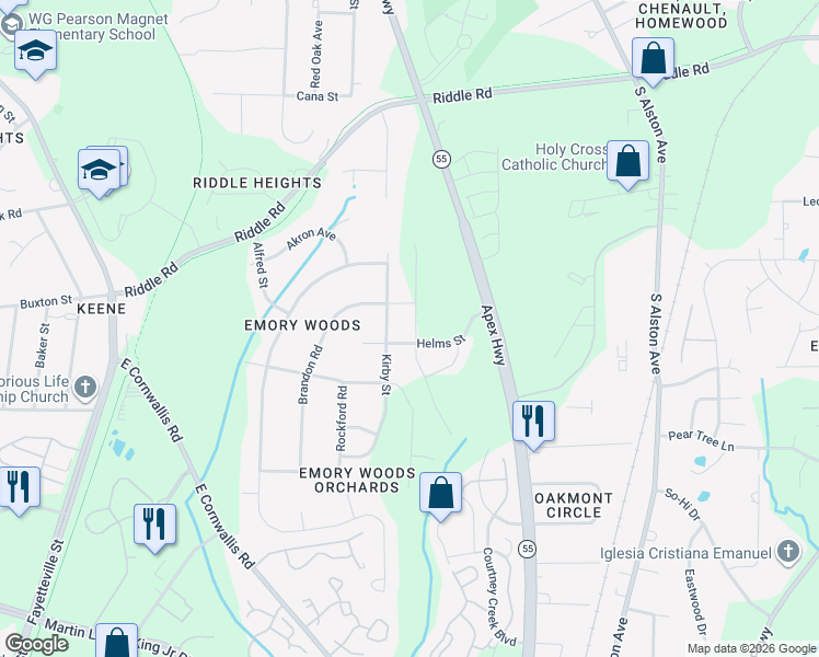 map of restaurants, bars, coffee shops, grocery stores, and more near 1022 Brandon Road in Durham