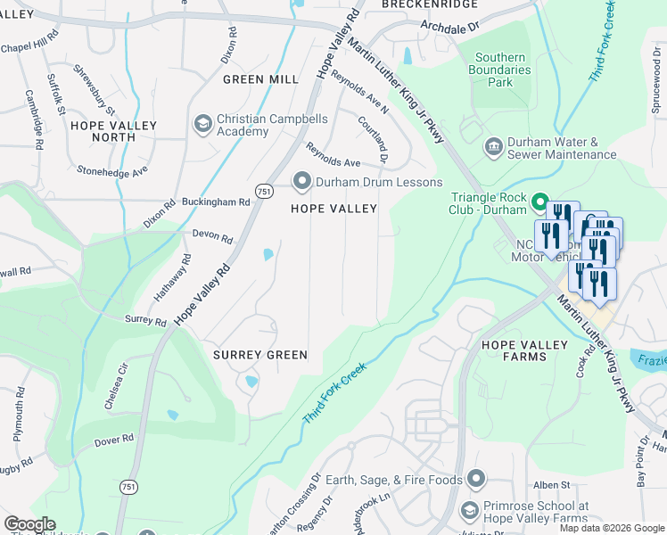 map of restaurants, bars, coffee shops, grocery stores, and more near 3604 Manford Drive in Durham