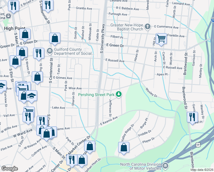 map of restaurants, bars, coffee shops, grocery stores, and more near 910 B Richland Street in High Point