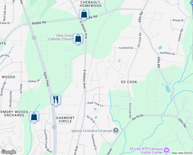 map of restaurants, bars, coffee shops, grocery stores, and more near 2520 Magnolia Tree Lane in Durham