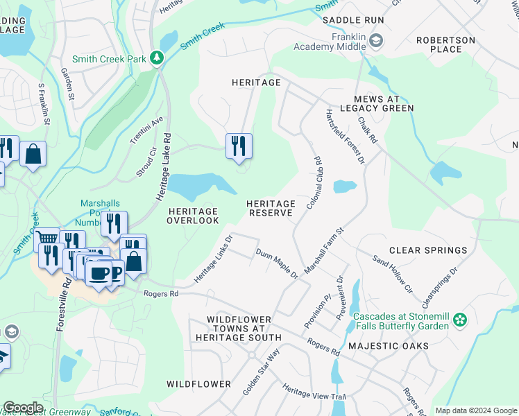 map of restaurants, bars, coffee shops, grocery stores, and more near 1504 Heritage Reserve Court in Wake Forest