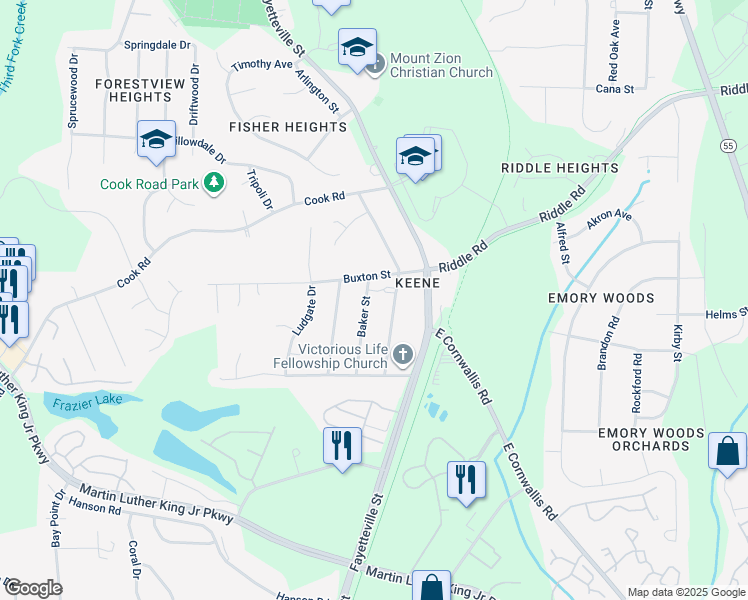 map of restaurants, bars, coffee shops, grocery stores, and more near 4013 Baker Street in Durham
