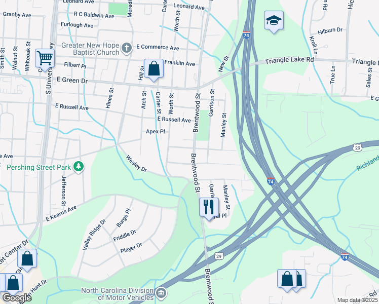 map of restaurants, bars, coffee shops, grocery stores, and more near 1502 Brentwood Street in High Point