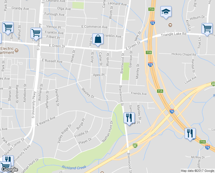 map of restaurants, bars, coffee shops, grocery stores, and more near 1603 Worth Street in High Point