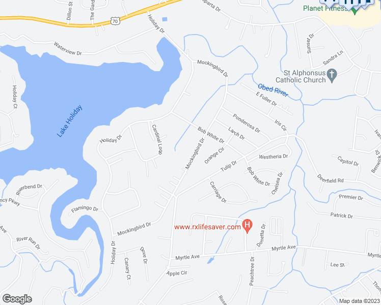 map of restaurants, bars, coffee shops, grocery stores, and more near 588 Mockingbird Drive in Crossville