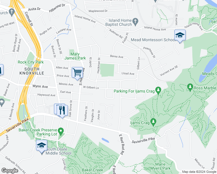 map of restaurants, bars, coffee shops, grocery stores, and more near 2101 West Gilbert Lane in Knoxville