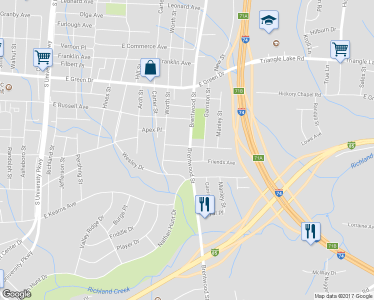 map of restaurants, bars, coffee shops, grocery stores, and more near 1502 Brentwood Street in High Point