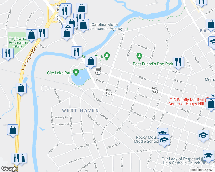 map of restaurants, bars, coffee shops, grocery stores, and more near 1431 Beal Street in Rocky Mount