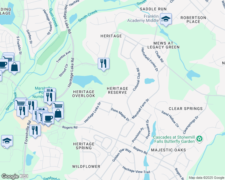 map of restaurants, bars, coffee shops, grocery stores, and more near 1504 Heritage Reserve Court in Wake Forest