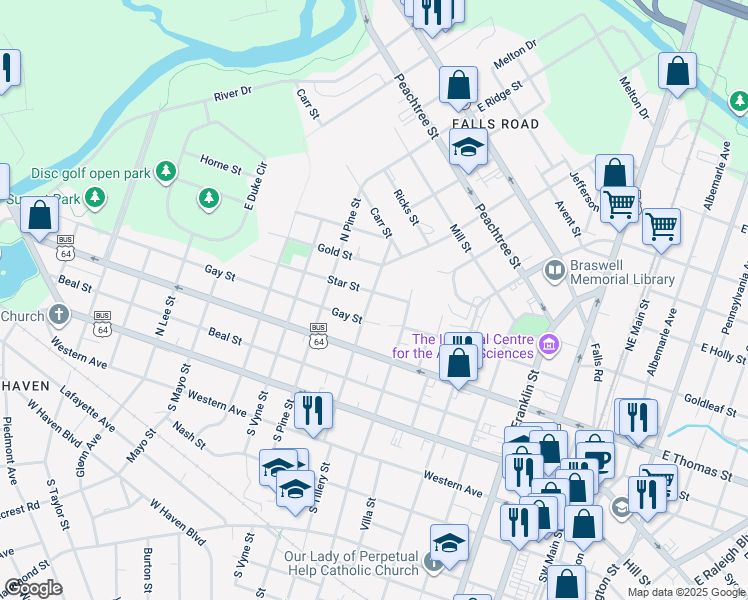 map of restaurants, bars, coffee shops, grocery stores, and more near 421 North Tillery Street in Rocky Mount