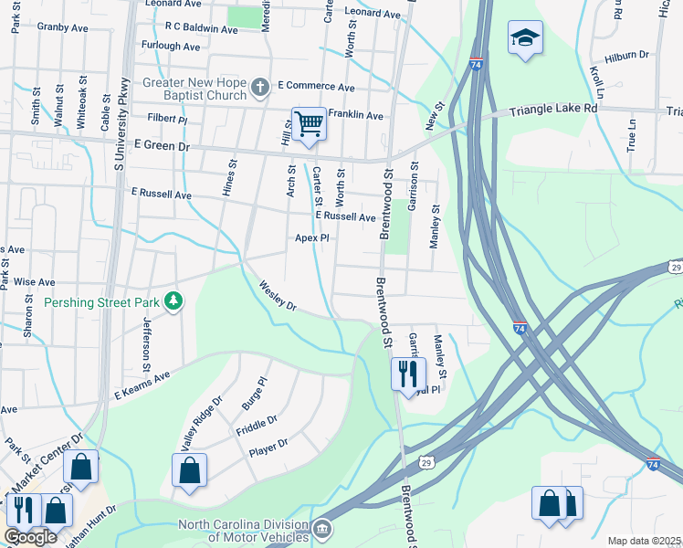 map of restaurants, bars, coffee shops, grocery stores, and more near 1603 Worth Street in High Point