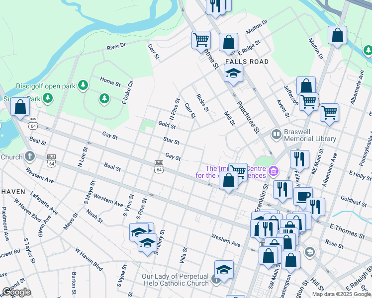 map of restaurants, bars, coffee shops, grocery stores, and more near 421 North Tillery Street in Rocky Mount