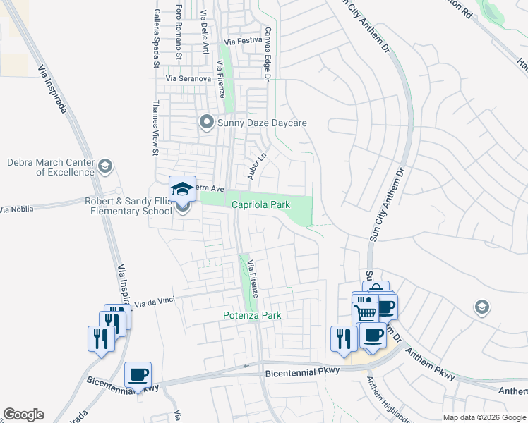 map of restaurants, bars, coffee shops, grocery stores, and more near 3058 Casarano Court in Henderson