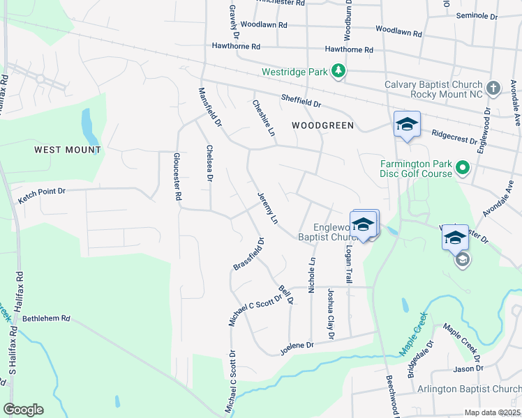 map of restaurants, bars, coffee shops, grocery stores, and more near 1501 Jeremy Lane in Rocky Mount