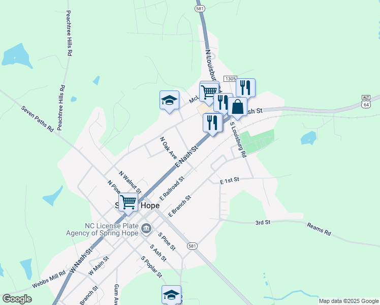 map of restaurants, bars, coffee shops, grocery stores, and more near North Carolina 581 Highway in Spring Hope