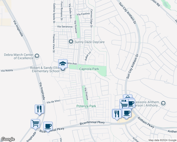 map of restaurants, bars, coffee shops, grocery stores, and more near 3066 Casarano Court in Henderson