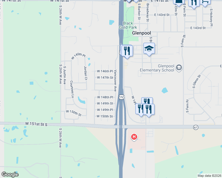 map of restaurants, bars, coffee shops, grocery stores, and more near 445 West 148th Street South in Glenpool