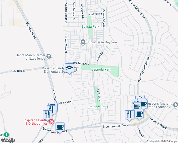 map of restaurants, bars, coffee shops, grocery stores, and more near 2155 Via Firenze in Henderson