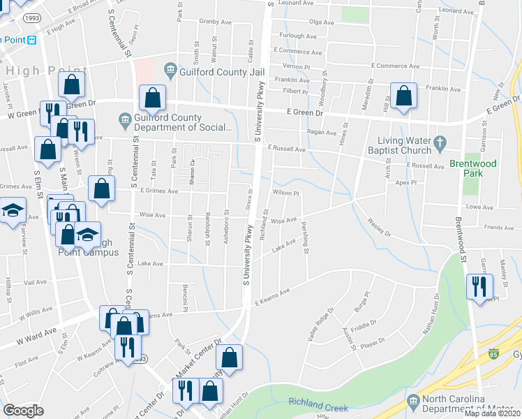 map of restaurants, bars, coffee shops, grocery stores, and more near 910 B Richland Street in High Point