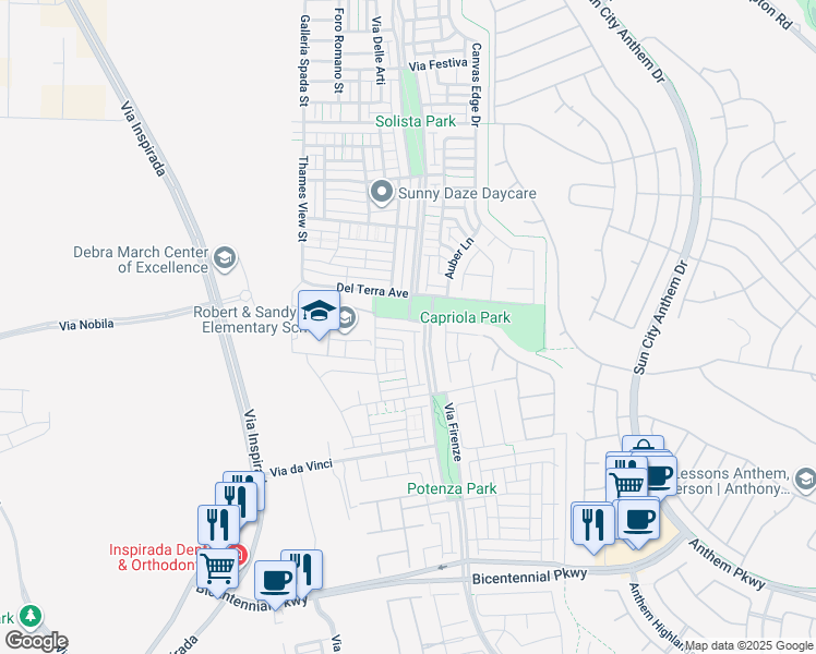 map of restaurants, bars, coffee shops, grocery stores, and more near 2155 Via Firenze in Henderson